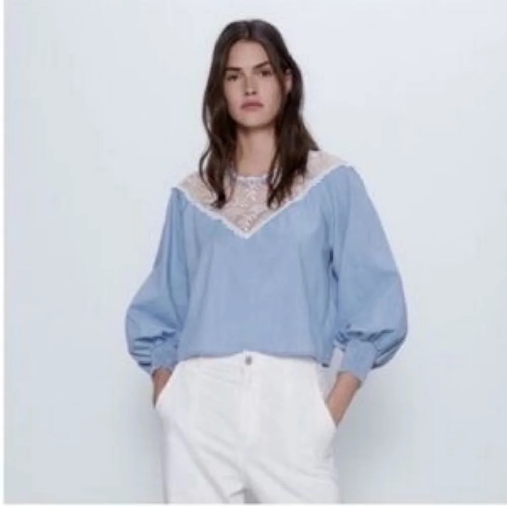 Zara Chambray Puff Sleeve Blouse